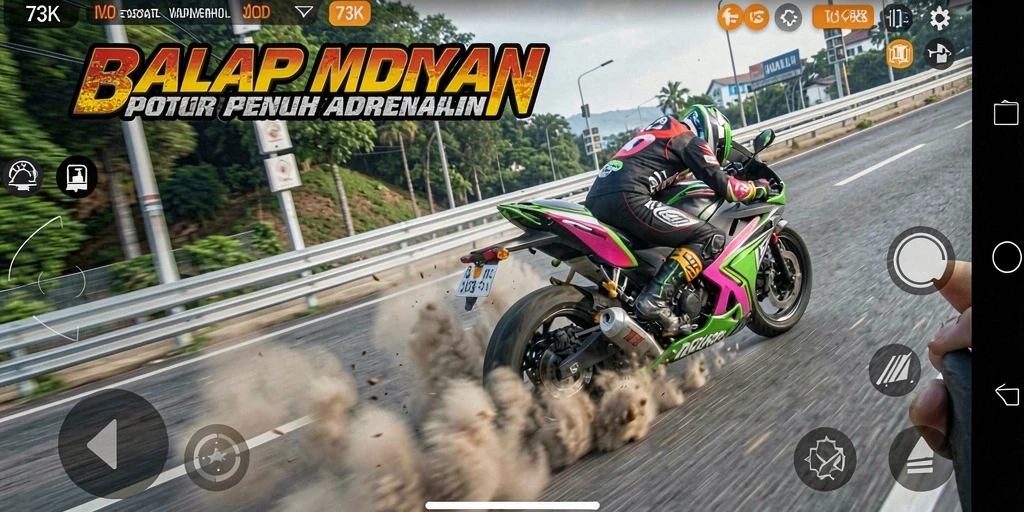 Tampilan gameplay mendebarkan dari 73K dengan berbagai motor balap.