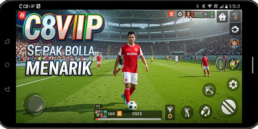 Tampilan gameplay seru dalam C8VIP dengan aksi sepak bola nyata.