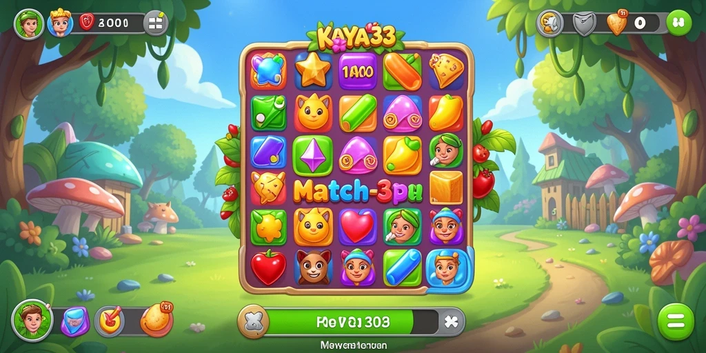 Screenshot gameplay KAYA33 dengan tampilan puzzle Match-3 yang menarik.