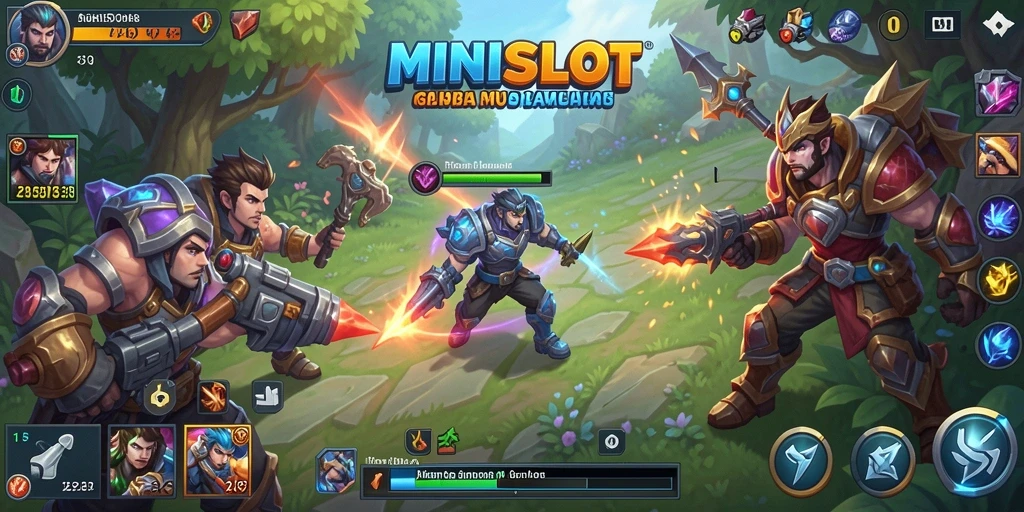 Screenshot gameplay MINISLOT menampilkan pertarungan seru antar tim MOBA.