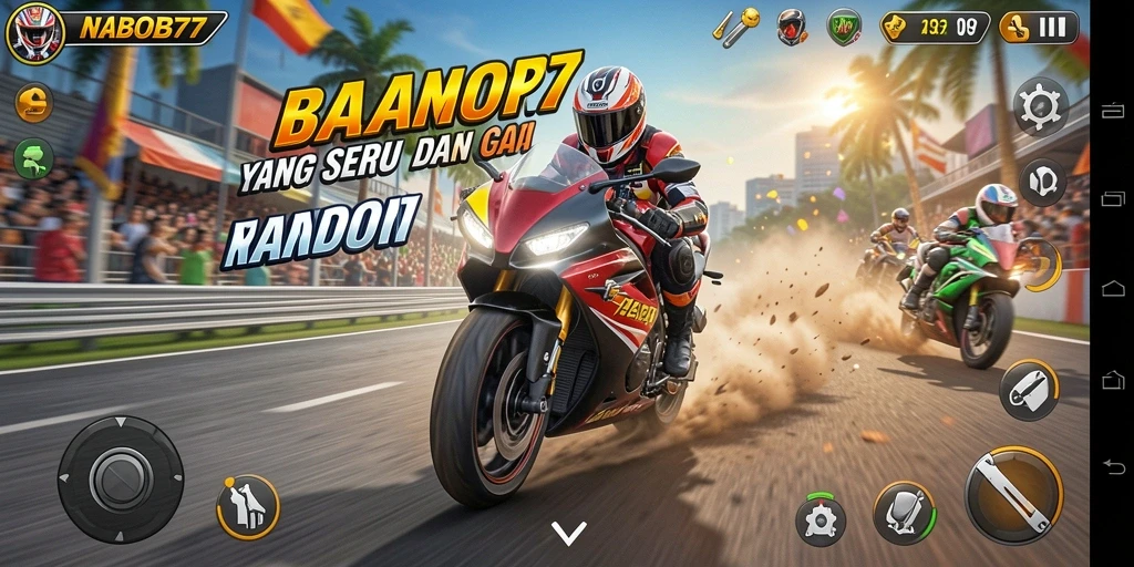 Screenshot gameplay NABOB77 dengan balapan motor yang intens.