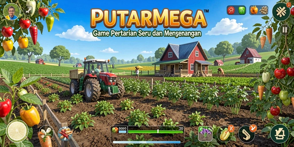 Tangkapan layar gameplay PUTARMEGA menunjukkan ladang pertanian yang subur dan berwarna-warni.