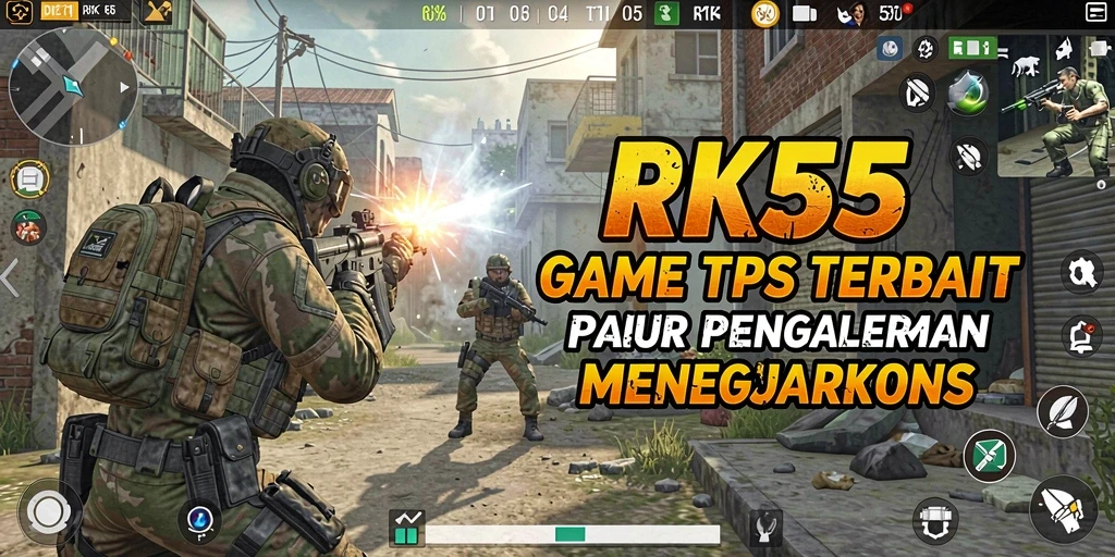 Tampilan gameplay mendebarkan di RK55 dengan aksi tembak-menembak yang intens.