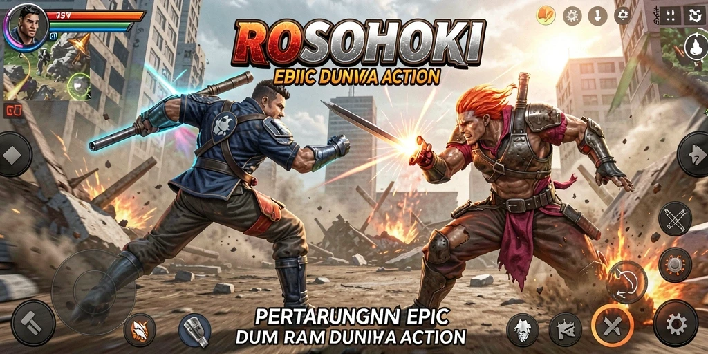 Tampilan gameplay ROSOHOKI dengan aksi mendebarkan dan pertarungan epik.