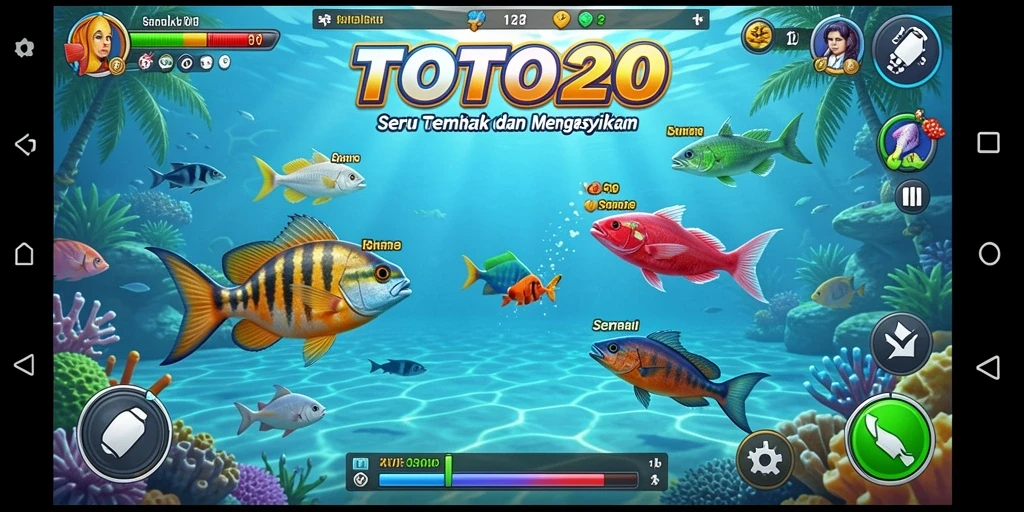 Screenshot gameplay TOTO20 menampilkan aksi seru menangkap ikan.